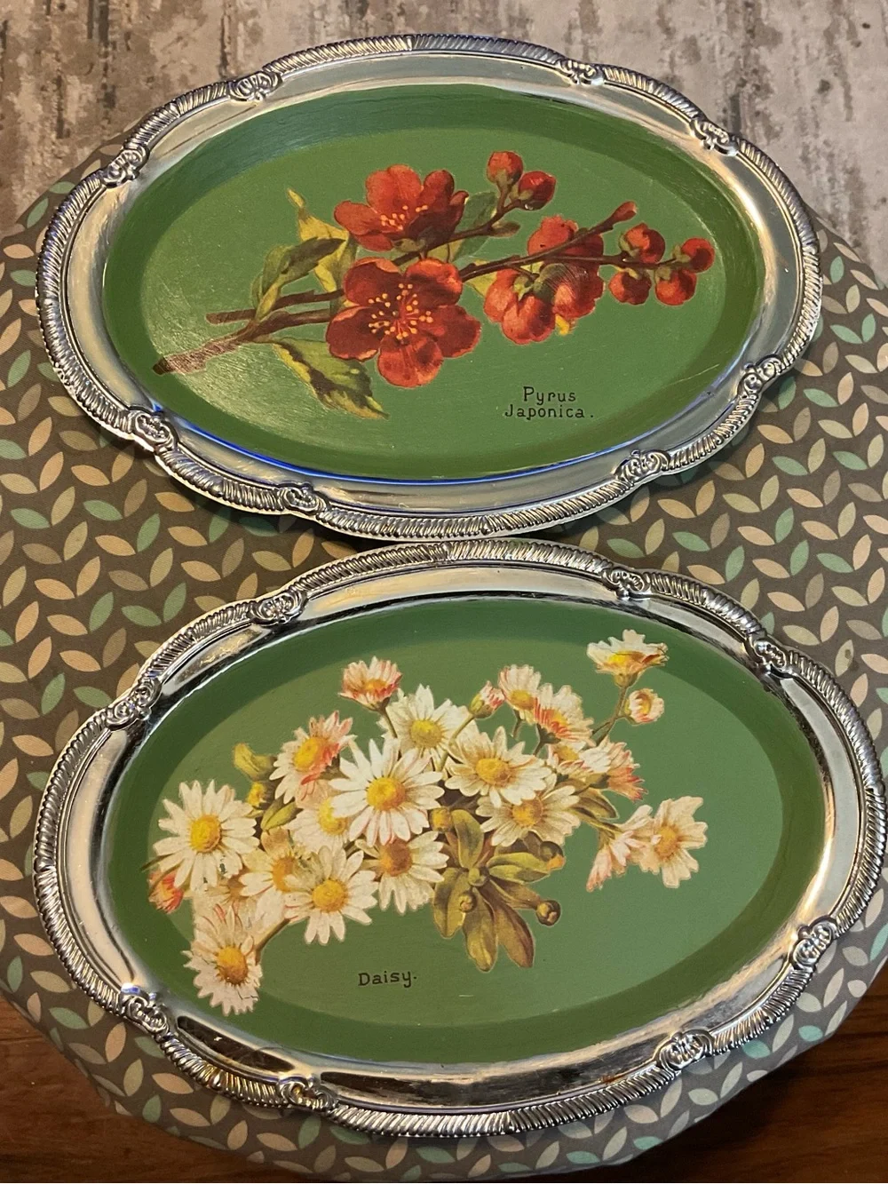Vintage Floral Decorative Trays - Green with Red Blossoms & White Daisies